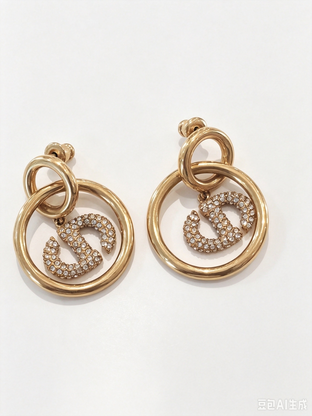 Dior Gold Crystal Interlocking Circle Drop Earrings